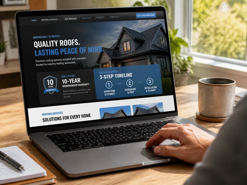 Roofing company website homepage showing a warranty badge and timeline offer instead of a plain price list