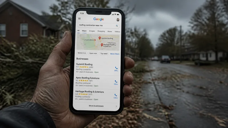 A weathered hand holding a smartphone displaying Google Maps roofing contractor search results