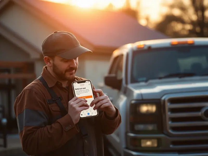 Roofer checking a phone notification about a roofing referral program reward