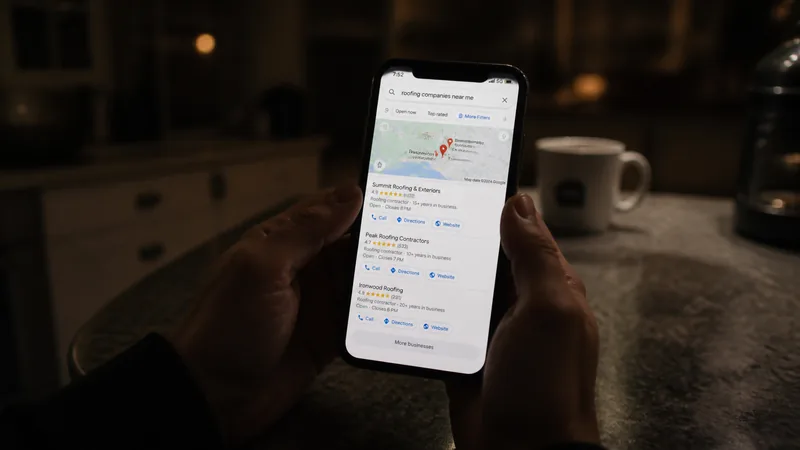 Homeowner holding a phone showing a Google Maps search with three roofing company pins at the top