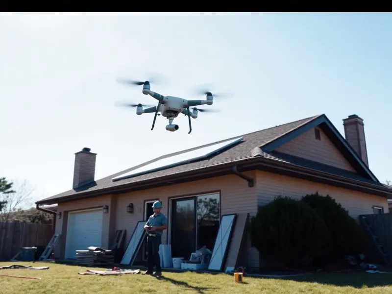 Roofing crew flying a drone over a job site to document the roof before work begins