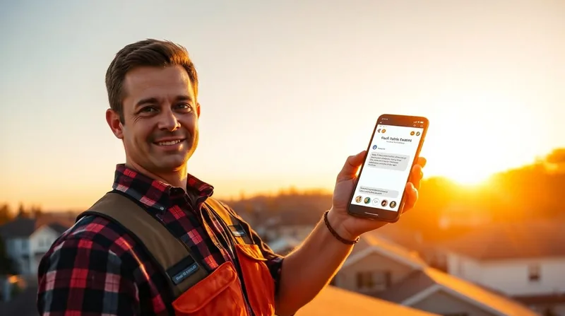 Roofer on a roof at golden hour holding a smartphone showing a ChatGPT conversation