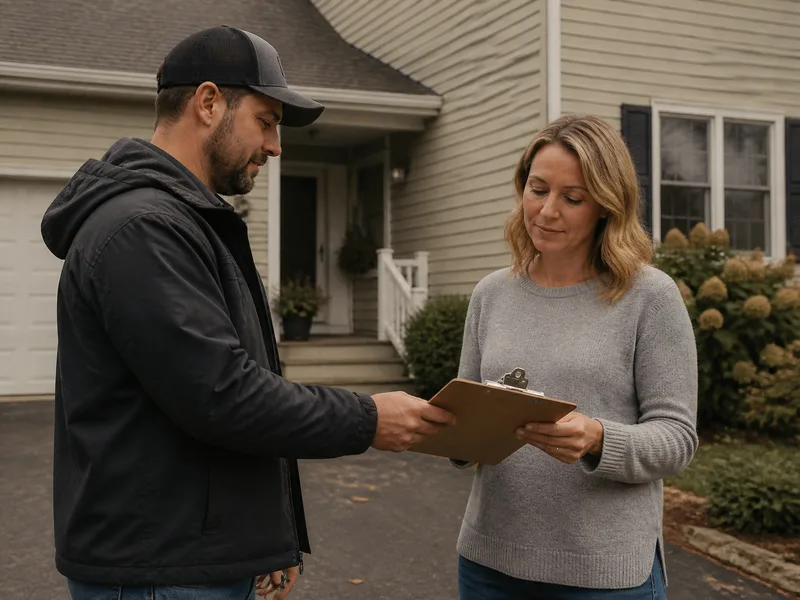 Roofer handing a homeowner an estimate on the driveway during a roofing sales objection moment
