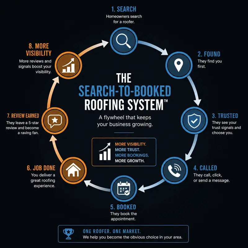 Search-to-Booked Roofing System flywheel — the 8-step marketing cycle