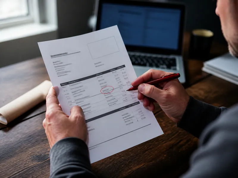 Roofing contractor reviewing a marketing invoice with a line item circled in red
