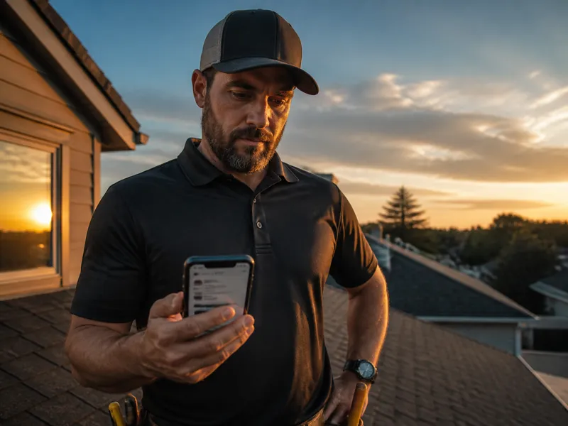 Roofing contractor checking search results on a rooftop at golden hour, roofing SEO for contractors