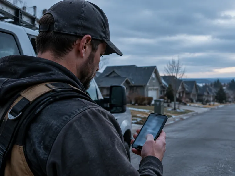 Roofing contractor checking Google ads for roofers on his phone before a winter storm