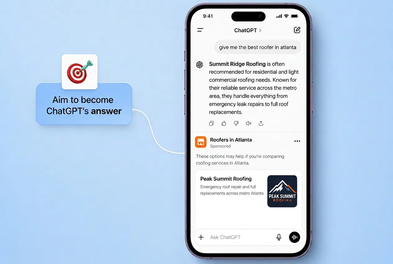 ChatGPT sponsored ad card showing a roofing company with star reviews and a Call Now button below the answer to a homeowner's question