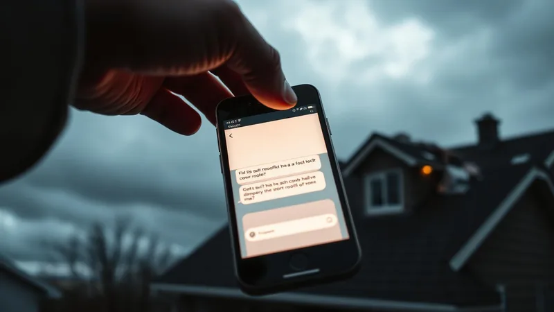 Homeowner's hand holding a phone with an AI chat open, storm-damaged rooftop in the background