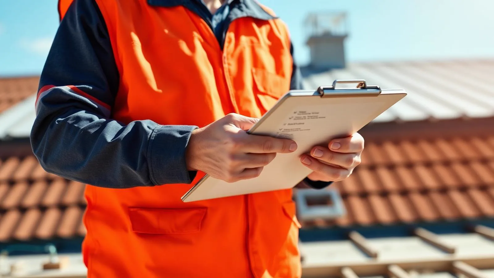 Roofing crew member reviewing job checklist on site — roofing business systems and delegation