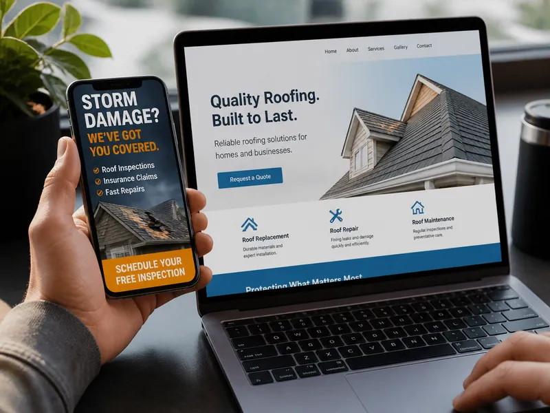 Phone showing a storm damage roofing ad beside a laptop with a mismatched homepage instead of a roofing landing page