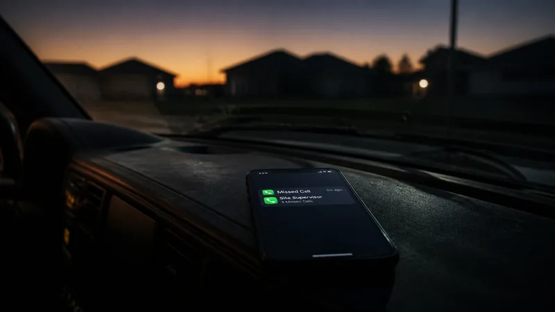 Contractor's phone on a truck dashboard at night showing a missed call notification