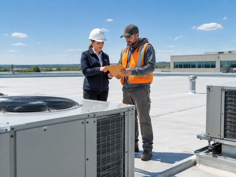 Property manager and roofer reviewing a clipboard on a commercial roof for commercial roofing marketing