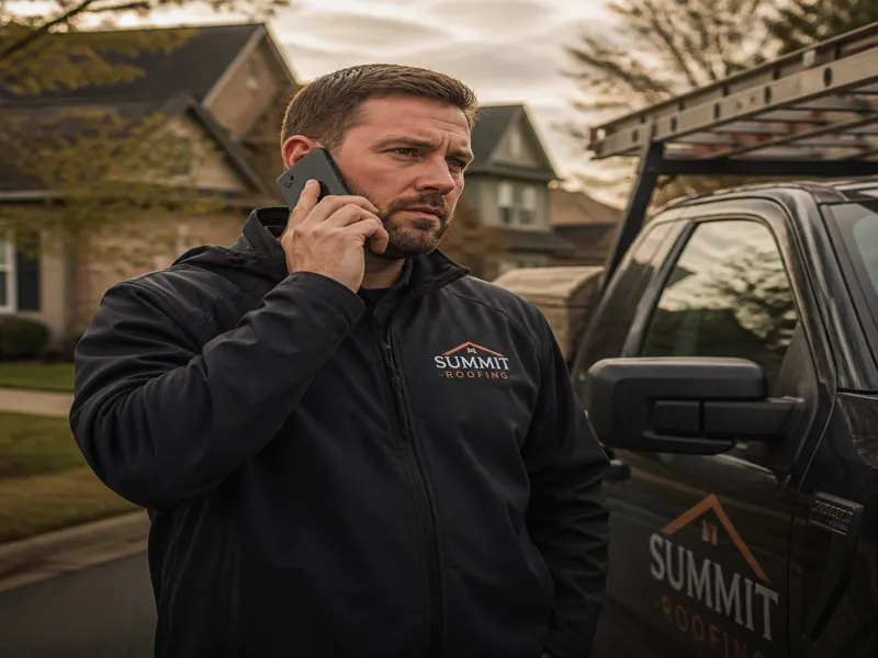 Roofing contractor listening carefully on the phone before booking a homeowner's estimate