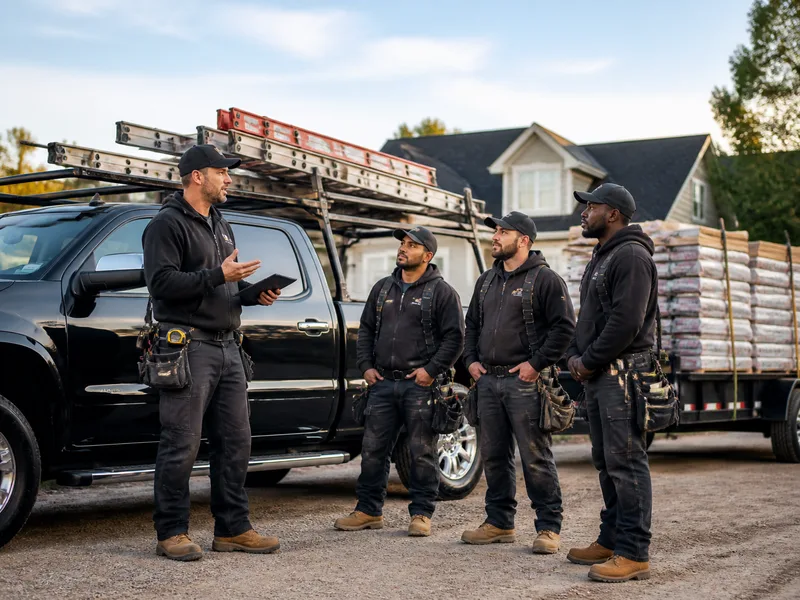 Roofing crew gathered for a morning huddle before starting the day's job